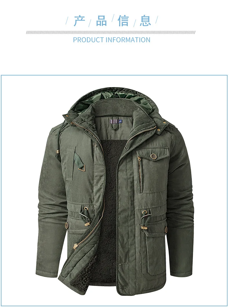 Men Oversized Hooded Lamb Fleece Parkas Men Thick Multi Pocket Mid Length Outerwear Winter Thick Parkas Males Thermal Parkas