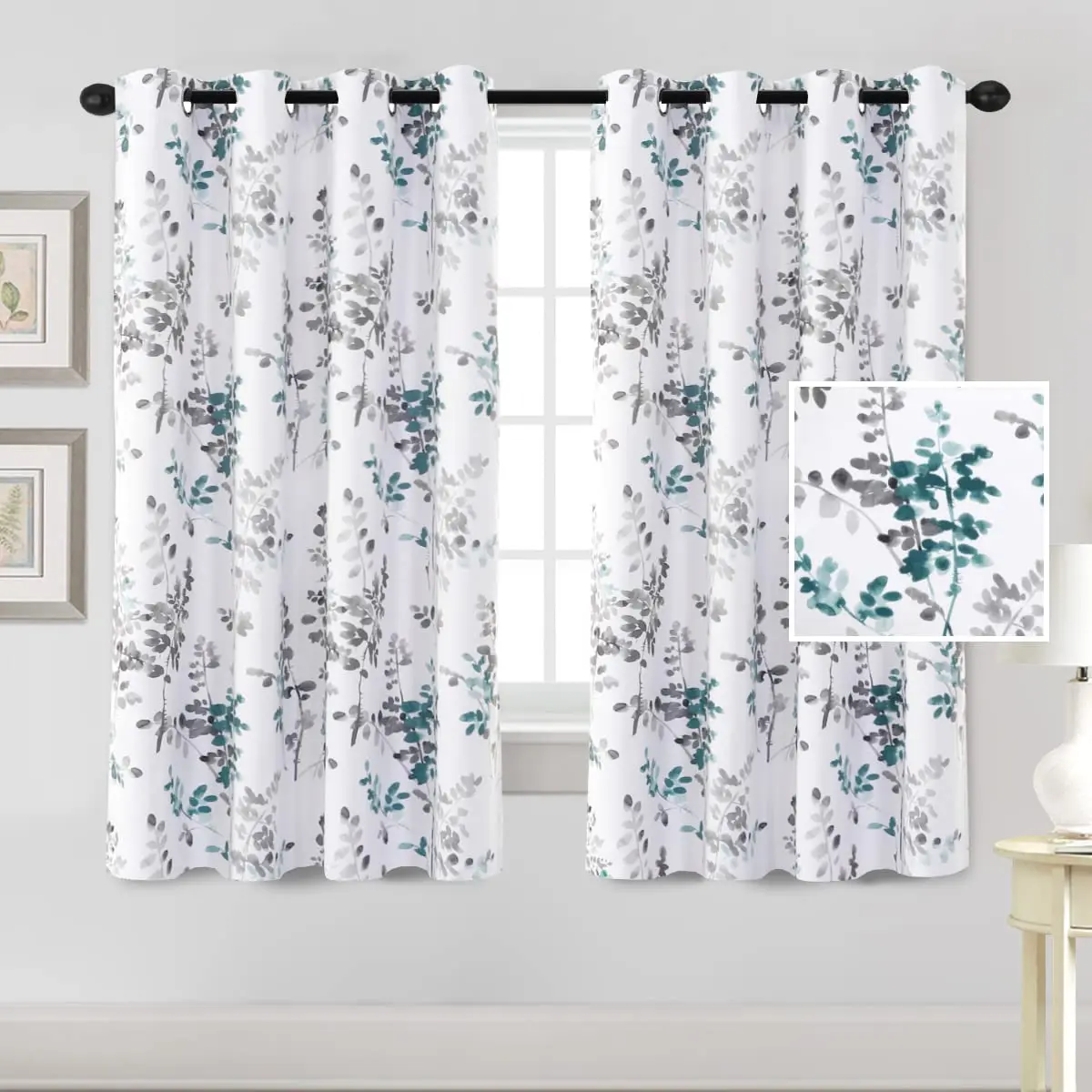 

Grey and Teal Vintage Classical Floral Printing Blackout Grommet Curtains for Living Room Darkening 54"L x 52"W