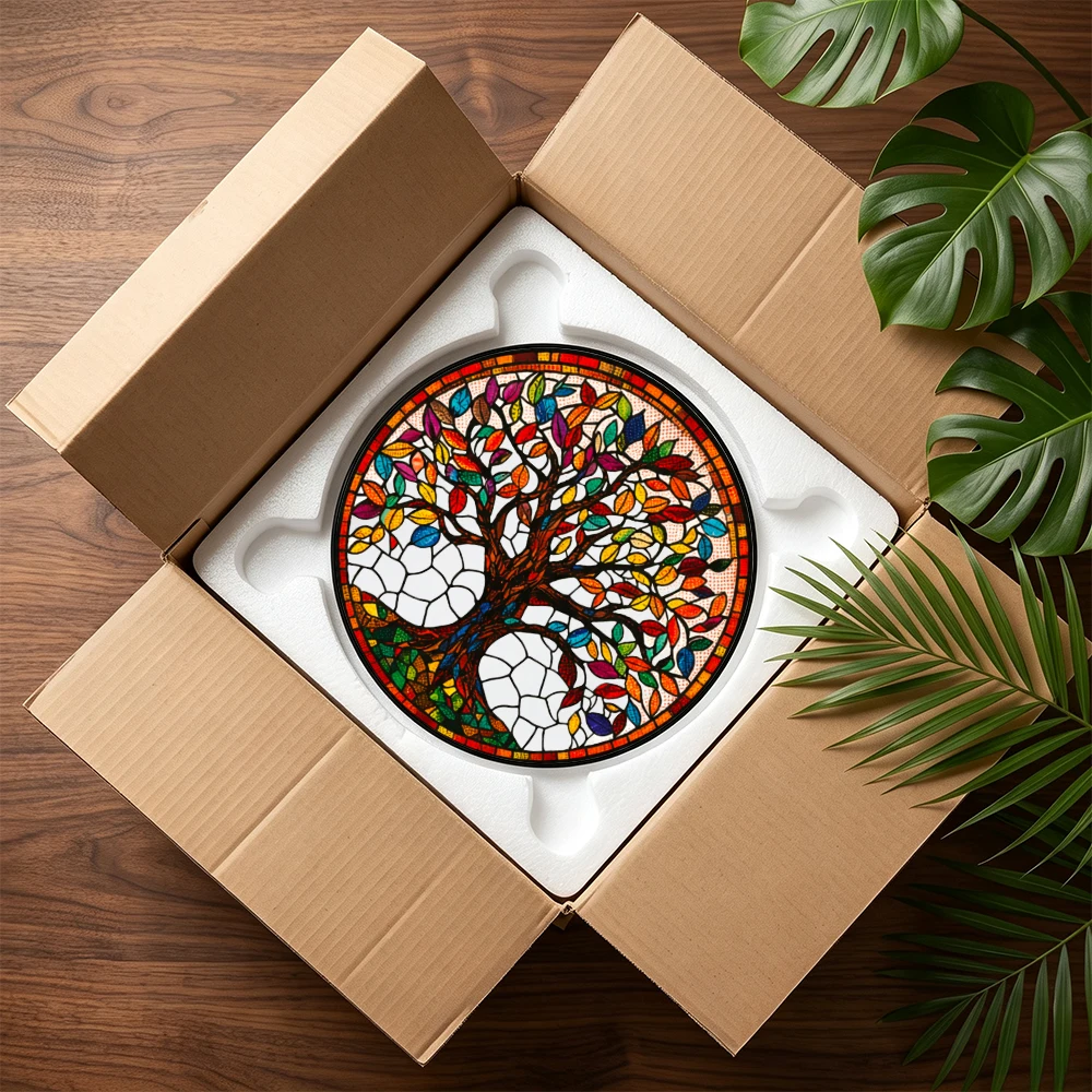 Stained Glass Suncatcher Round Tropical Sunset Beach Palm Tree Hibiscus Flower Window Hanging Decor Home Garden Gift
