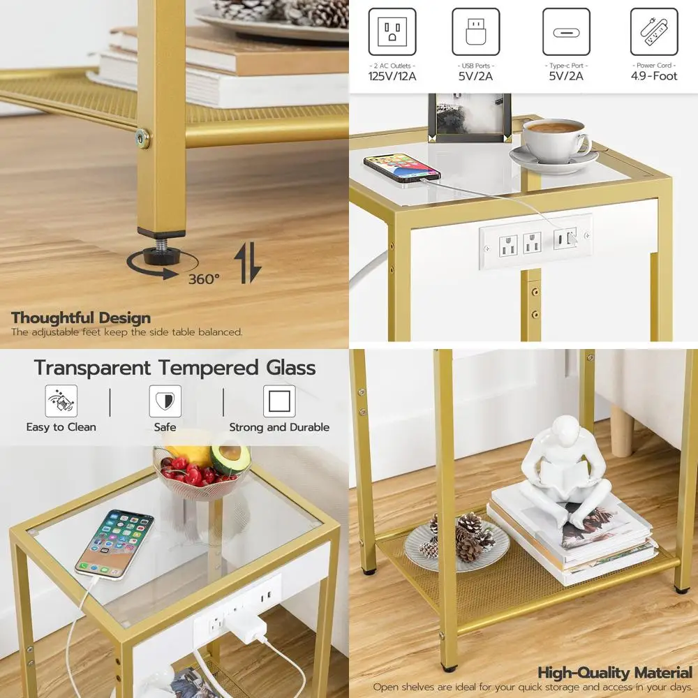 

Modern Tempered Glass Nightstands with Charging Stations, Set of 2, USB Ports, Ideal for Small Spaces, Metal Frame, Suitable for