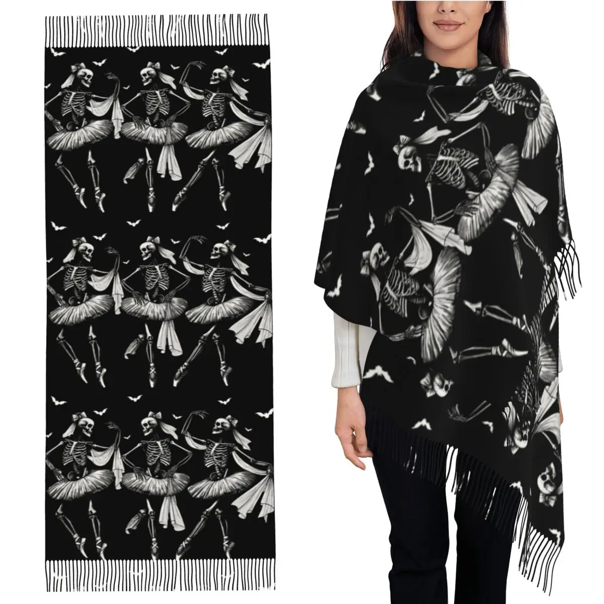 

Танцующие скелеты, забавный жуткие шарф на Хэллоуин, шарфы с кисточками, женские мягкие теплые шали и накидки, большая осенне-зимняя шаль