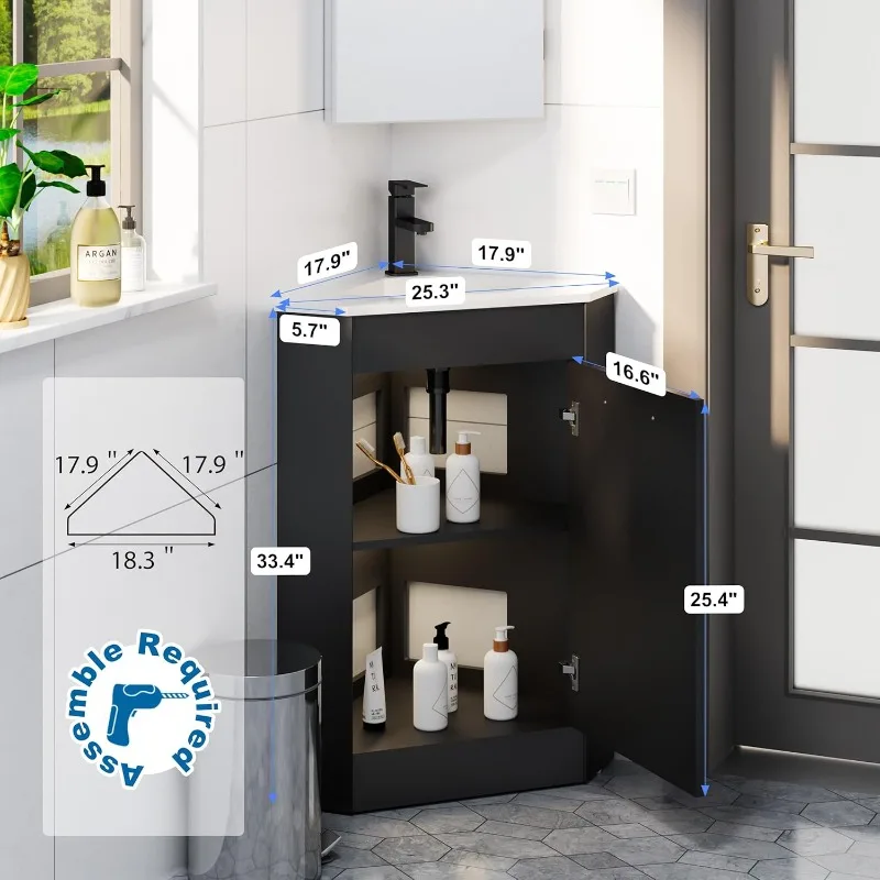 Combinação de pia de banheiro de canto de 26 "para espaço pequeno Armário de armazenamento autônomo com pia de resina branca e preto fosco