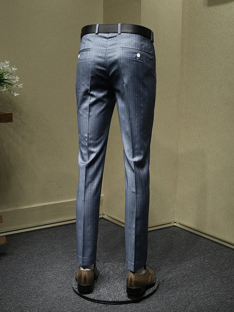 بدلات رجالية بنطلون زفاف العريس وحفلات عيد الميلاد والأعمال ملابس يومية بقصة ضيقة موضة الترفيه بنطلون رفيع أزرق مخطط