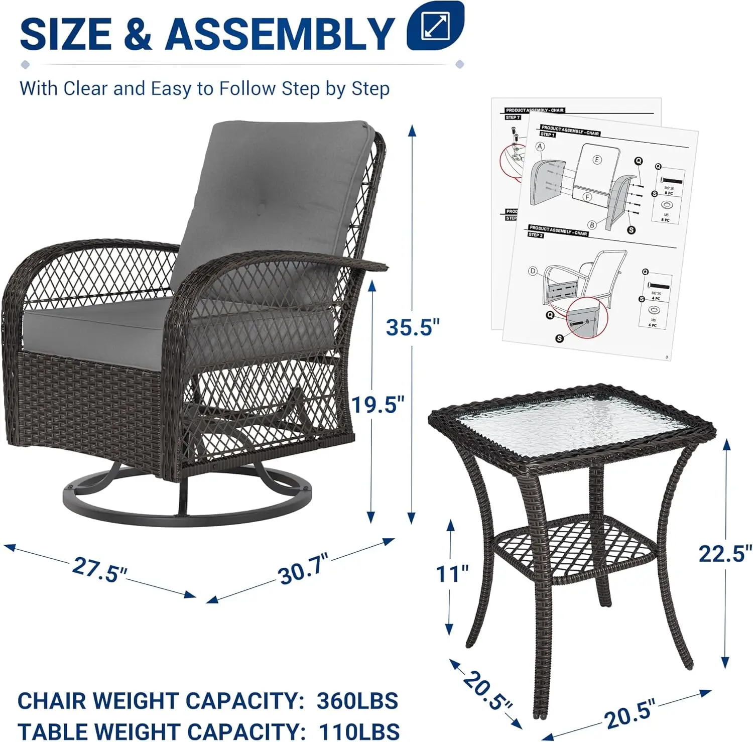 Patio Furniture Set, Outdoor Gliders Rocker, Wicker Patio  Set with Rattan Rocking Chair, Glass Top Side Table and  Cushions