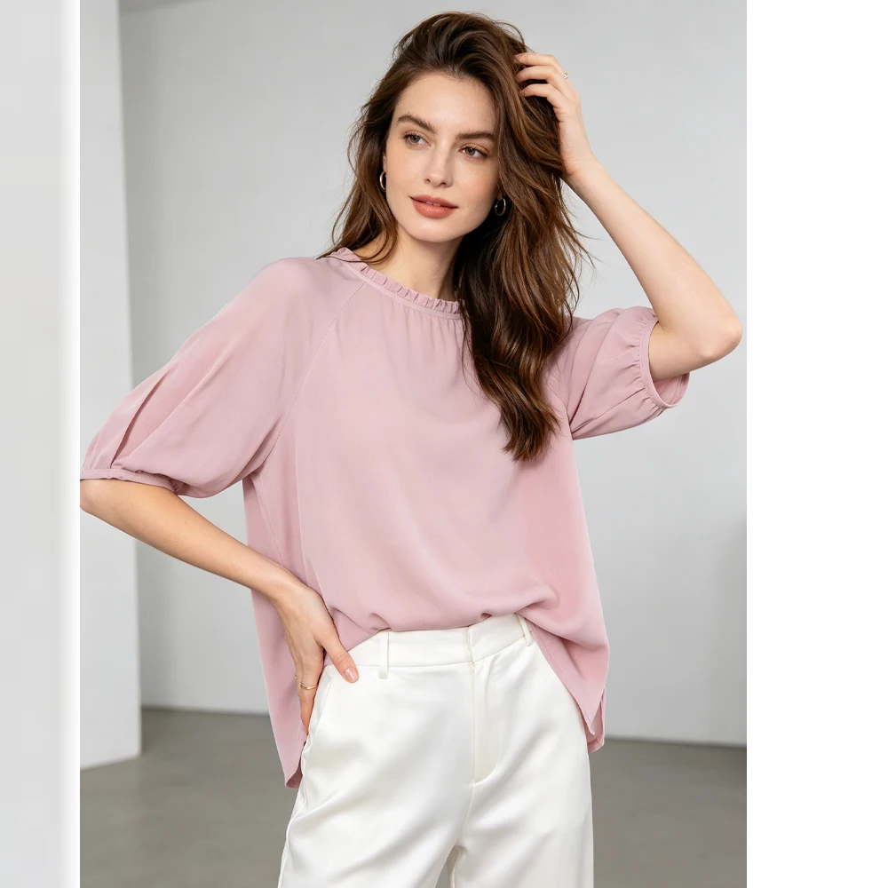 Women's Casual Summer New 100% Natural Mulberry Silk Crepe De Chine Fungus Collar Short Sleeved Cool Refreshing Simple T-shirt