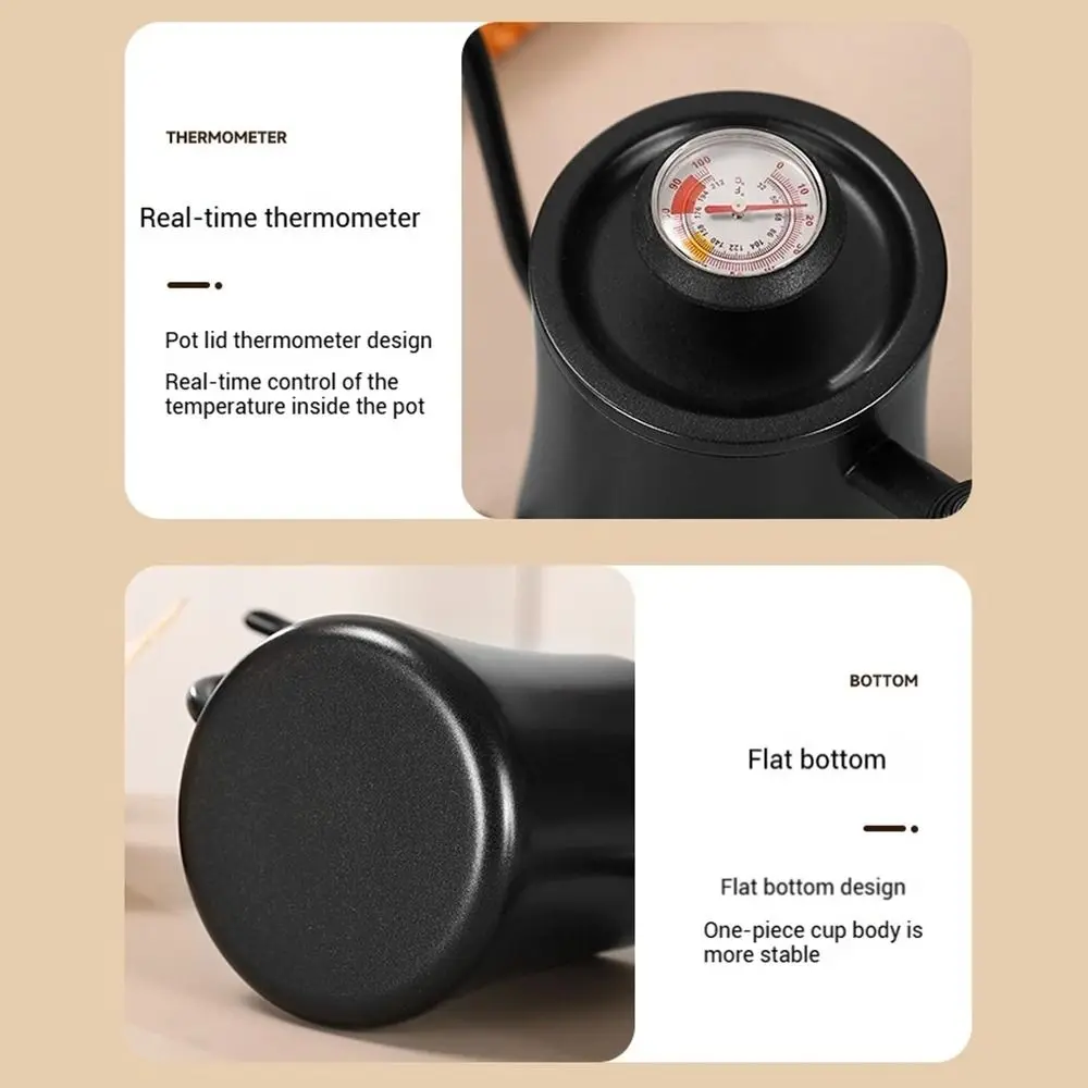 Stainless Steel Goose Neck Coffee Pot Drip Port Wooden Handle Long Narrow Drip Carafe Temperature Meter Anti-scald