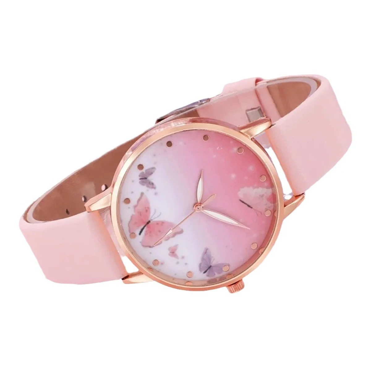 6PCS Set Women Fashion Quartz Watch Female Clock Pink Butterfly Dial Luxury Brand Design Ladies Leather Wrist Watch Montre Femme