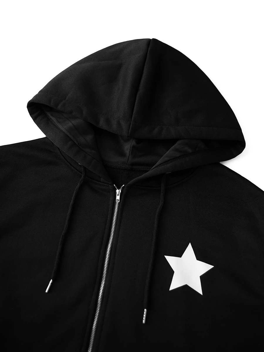 wsevypo Autumn Dark Black Oversized Hoodies Women\'s Back Star Print Long Sleeve Zip Up Hooded Coats with Pockets Grunge Punk Top