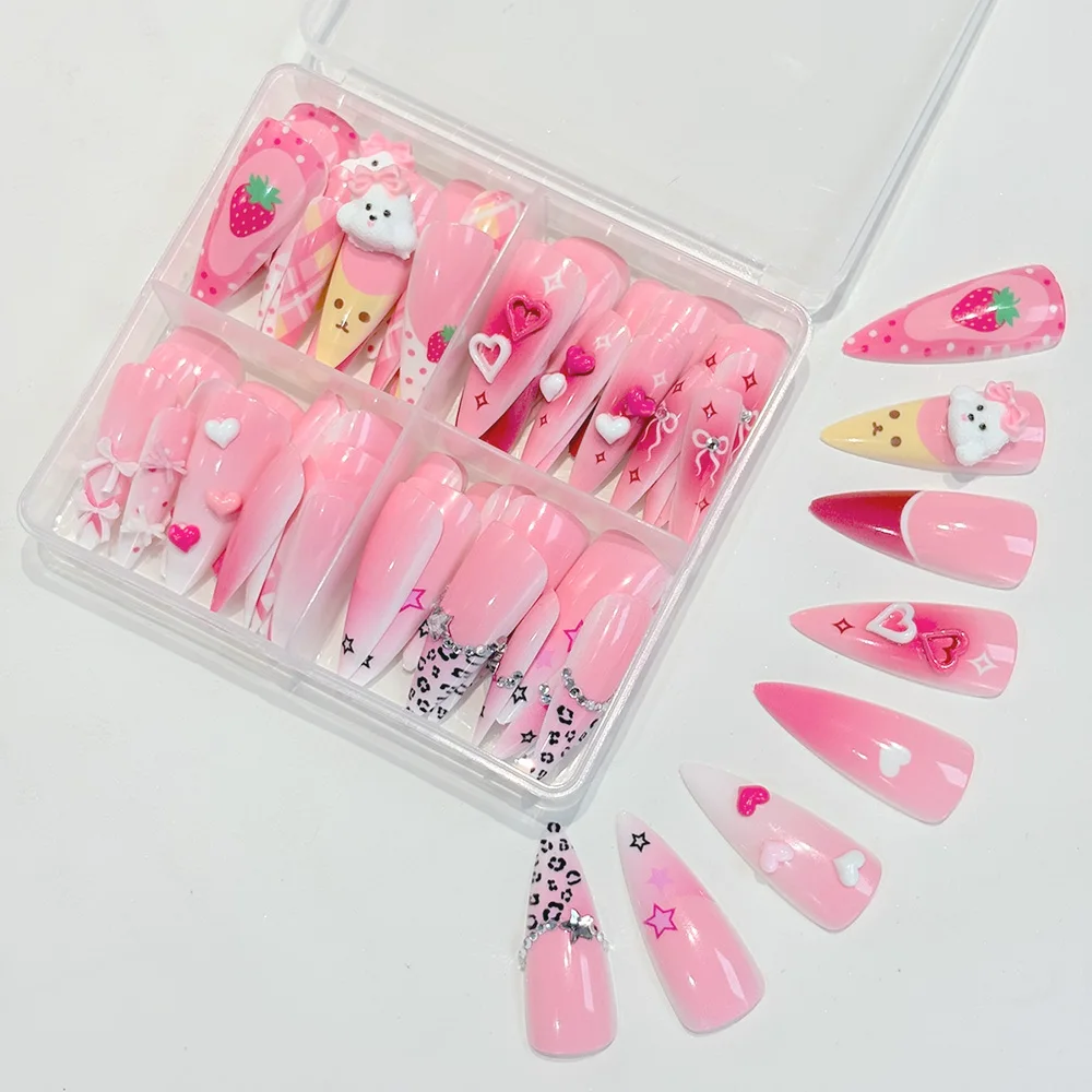 96Pcs Pink Long Stiletto Press On Nails 3D Cute Strawberry Bowknot Charms Fake Nails for Girls Y2K Style Party Daily Manicure TD view 2