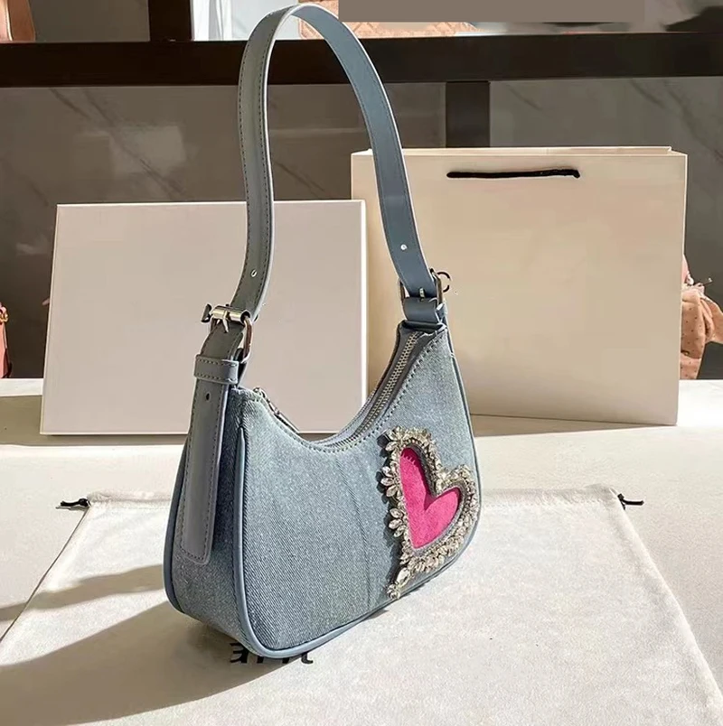 Women New Y2K Style Denim One Shoulder Bag New French Rhinestone Decor Underarm Bag Fashion Love Pattern Design Cowboy Phone Bag