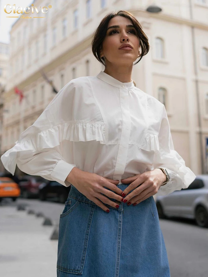 

Модная свободная белая хлопковая женская рубашка Clacive, весенняя блузка с воротником-стойкой и длинными рукавами, элегантный классический топ с рюшами, женская одежда