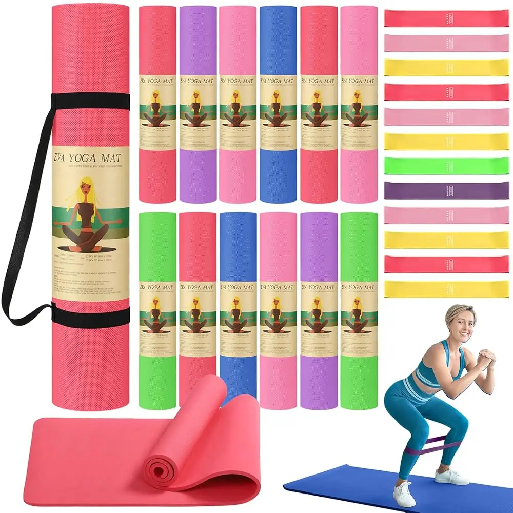 

36 Pieces Yoga Mats Bulk Ludes 12 Pcs 68” X 24” X 6Mm Thi Non Slip 12 Resistance Bands 12 Carrying Straps For Women Girls For