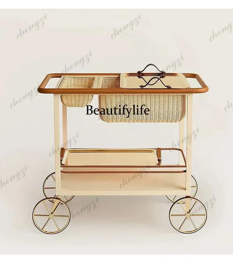 Italian minimalist side few leather movable stainless steel trolley large flat living room solid wood dining car