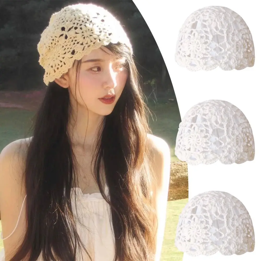 

Fashionable Hollow Hook Flower Woven Headscarf Artistic Hollow Out Crochet Hat Breathable Handmade Knitted Hat Women