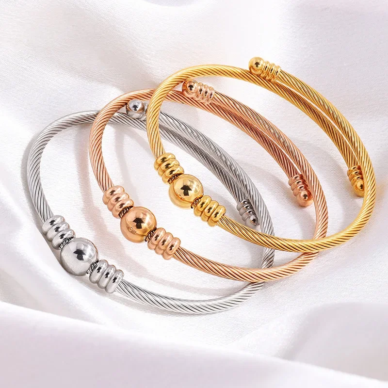 Stainless Steel Bangle Open Mouth Round Bead Delicacy Bracelet Women's High Quality Luxury Colorfast Bracelet Couple Jewerly