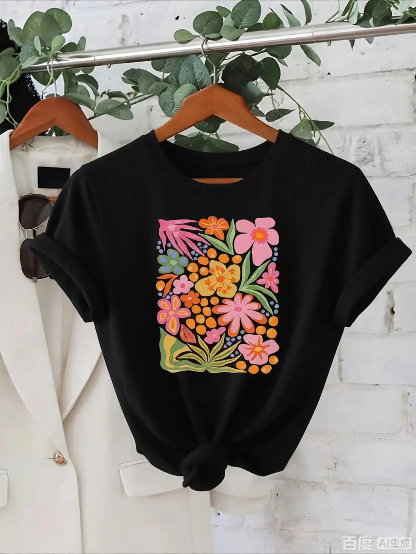 Women's Aesthetic Short Sleeve T-Shirt with Vibrant Floral Print Crew Neck Casual Harajuku Women's Dopamine Bright Color T-shirt