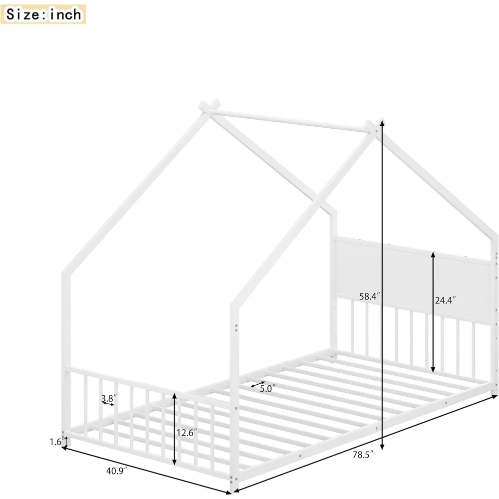 Cama de chão montessori de tamanho duplo com luz LED RGB, cama de chão de casa de tamanho duplo com cabeceira alta e estribo