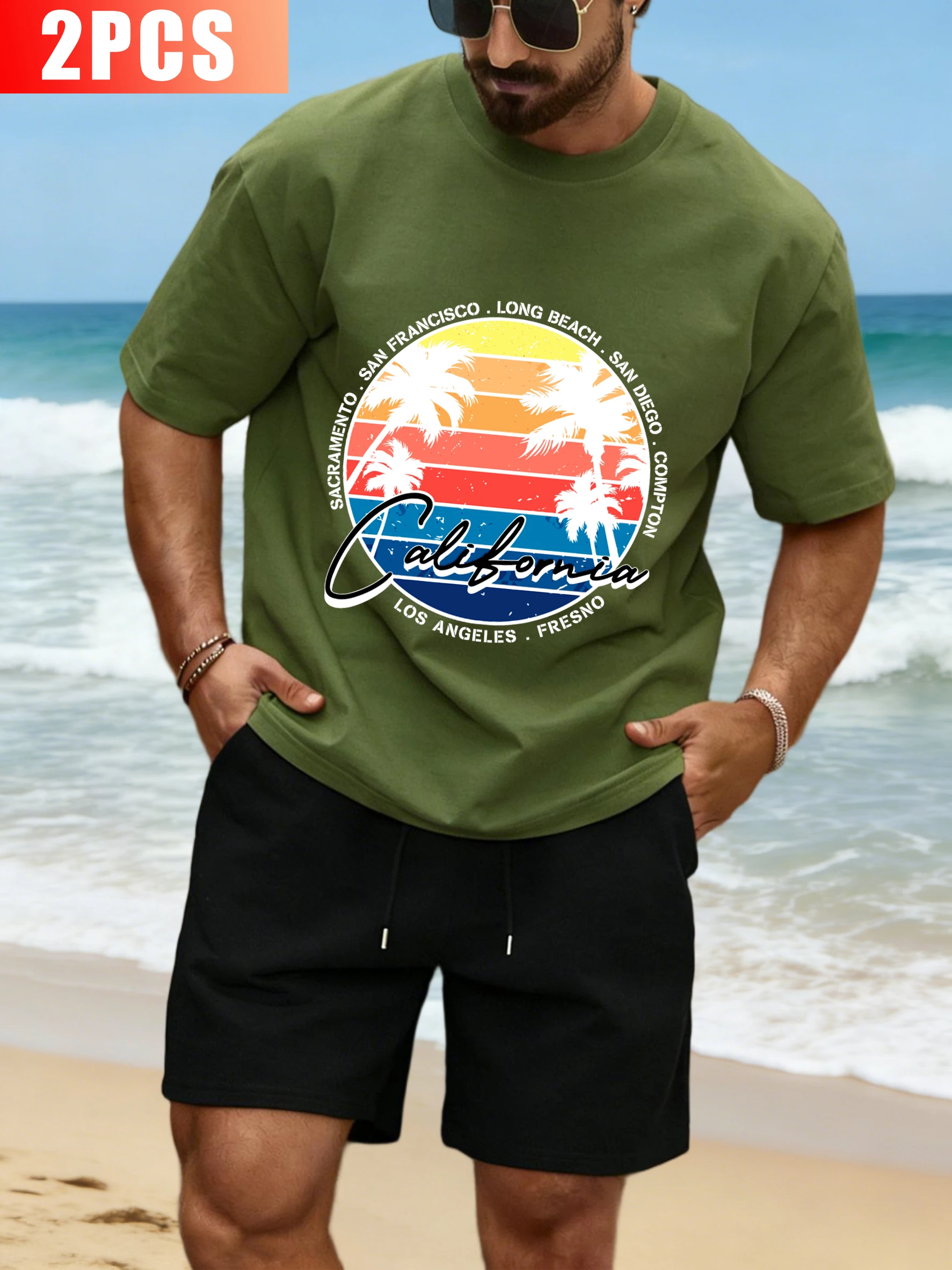 

California'S Vacation Beaches Design Mens T Shirt Suit Cotton O-Neck Clothing Summer Drawstring Shorts Unisex Casual Sportsuit