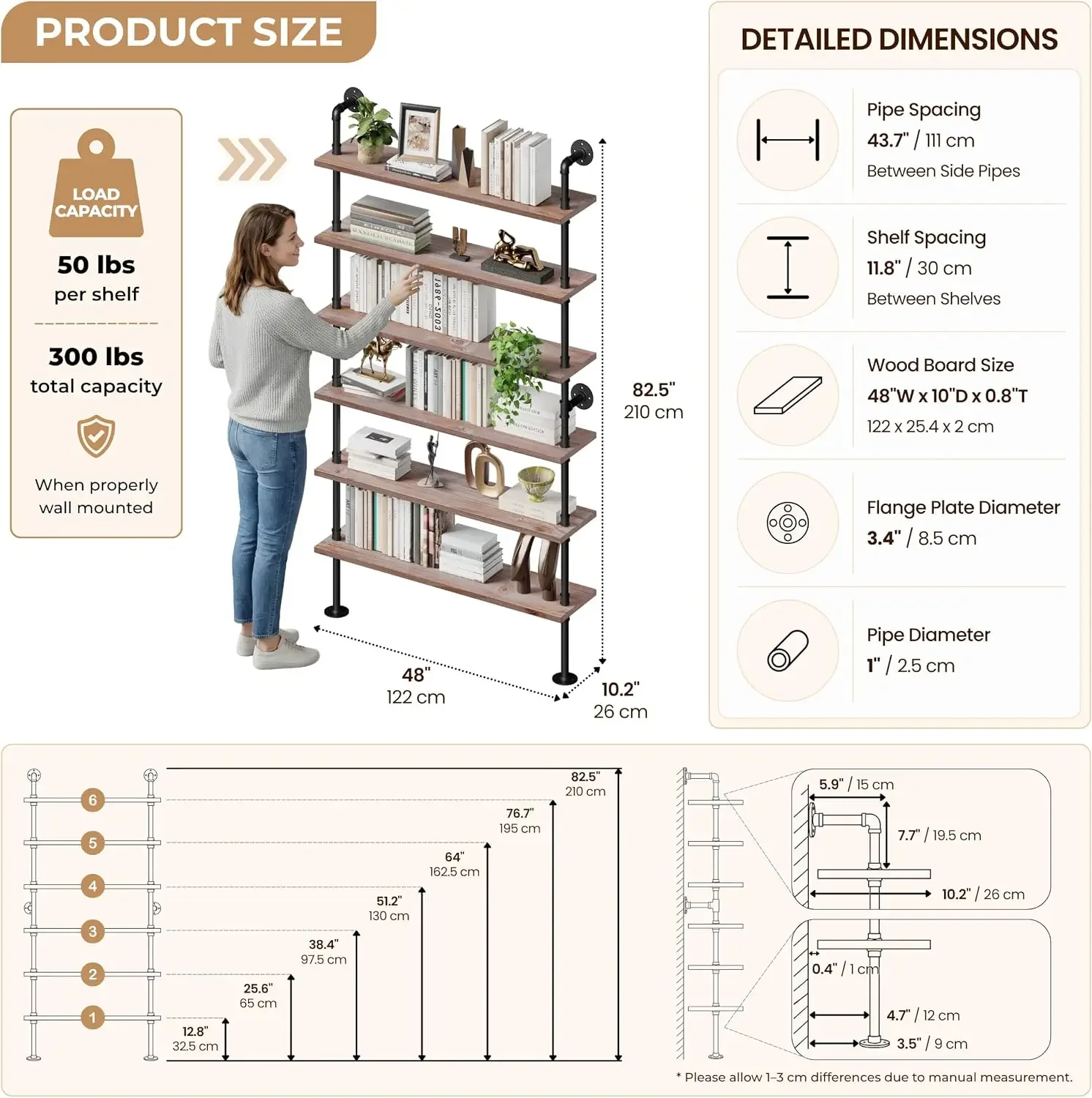 Industrial Pipe Bookshelf, Wall Mounted Shelf, 48 Inch, Weathered Brown | 6 Tier Open Bookcase, Solid pine wood, black iron pipe