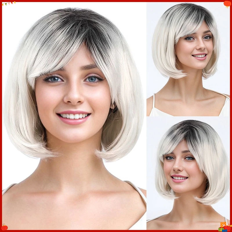 Synthetic Short Wig for Women Face Slimming Silver Ombre with Natural Scalp Bobo Cut Side Bangs Heat Resistant Anime Cosplay