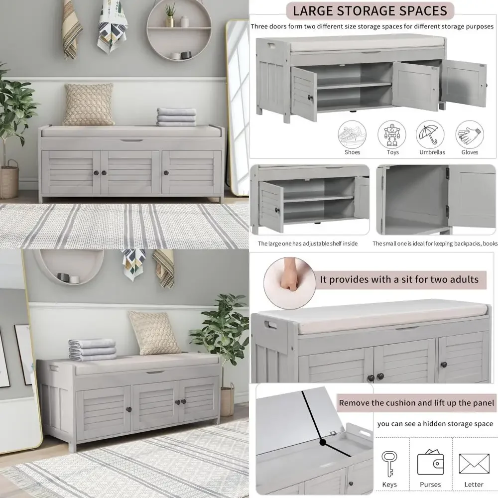 

Деревянная скамейка для хранения с 3-мя дверцами, хранилище для обуви в прихожей, съемная подушка, скрытое место для хранения