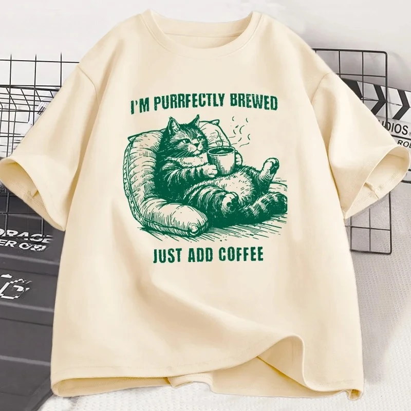 T-shirt grafica retrò divertente gatto caffè T-shirt per amanti dei gatti T-shirt da donna retrò a maniche corte con collo casual T-shirt estetica estiva streetwear