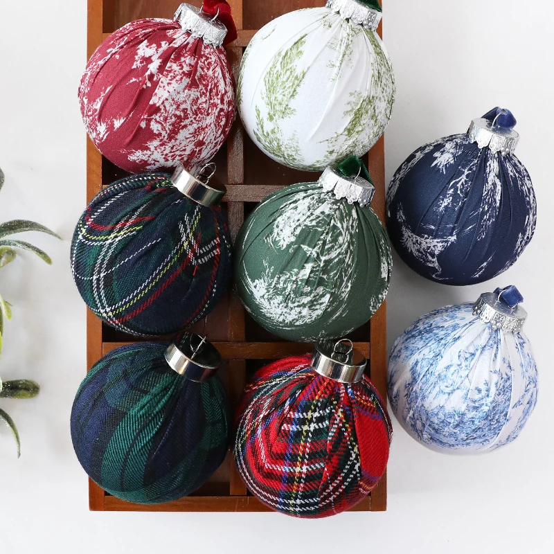 9pcs 8cm Plush Christmas Ball Ornaments Printed Cloth luxury Christmas Tree Party Decoration New Christmas Spheres Pendant Set