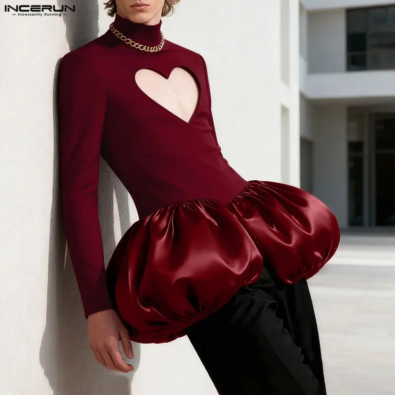 

INCERUN Men Irregular T Shirt Patchwork Hollow Out Turtleneck Long Sleeve Male Tee Tops Streetwear Party Personality Camisetas