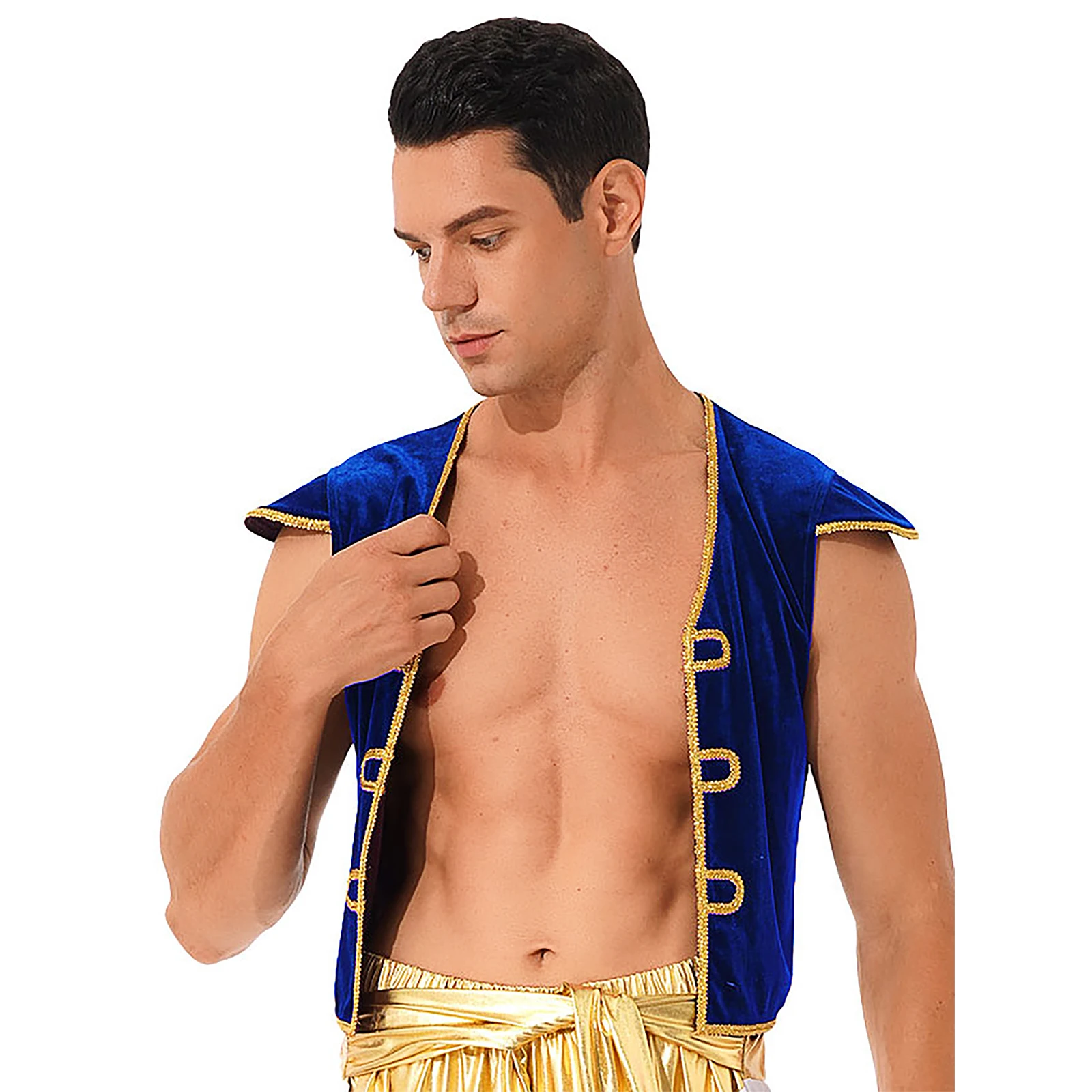 Mens Arabian Prince Cosplay Costume Cap Sleeve V Neckline Braided Trimming Vest Waistcoat for Halloween Themed Party Dress Up