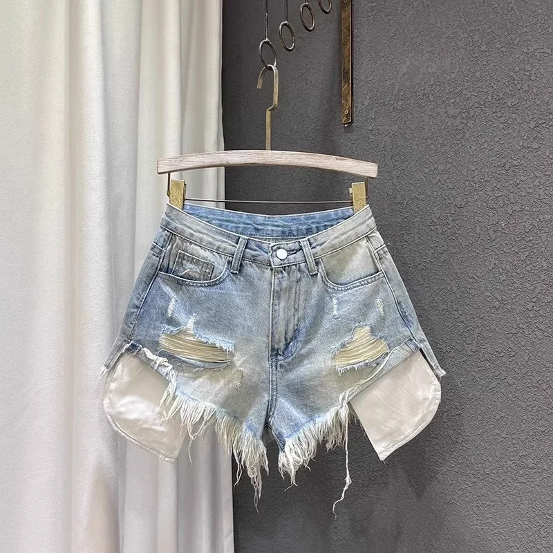 

2024 New Women High-waisted Light-colored Holes Designed Denim Shorts Female A-shaped Ripped Jeans s-xl pink blue