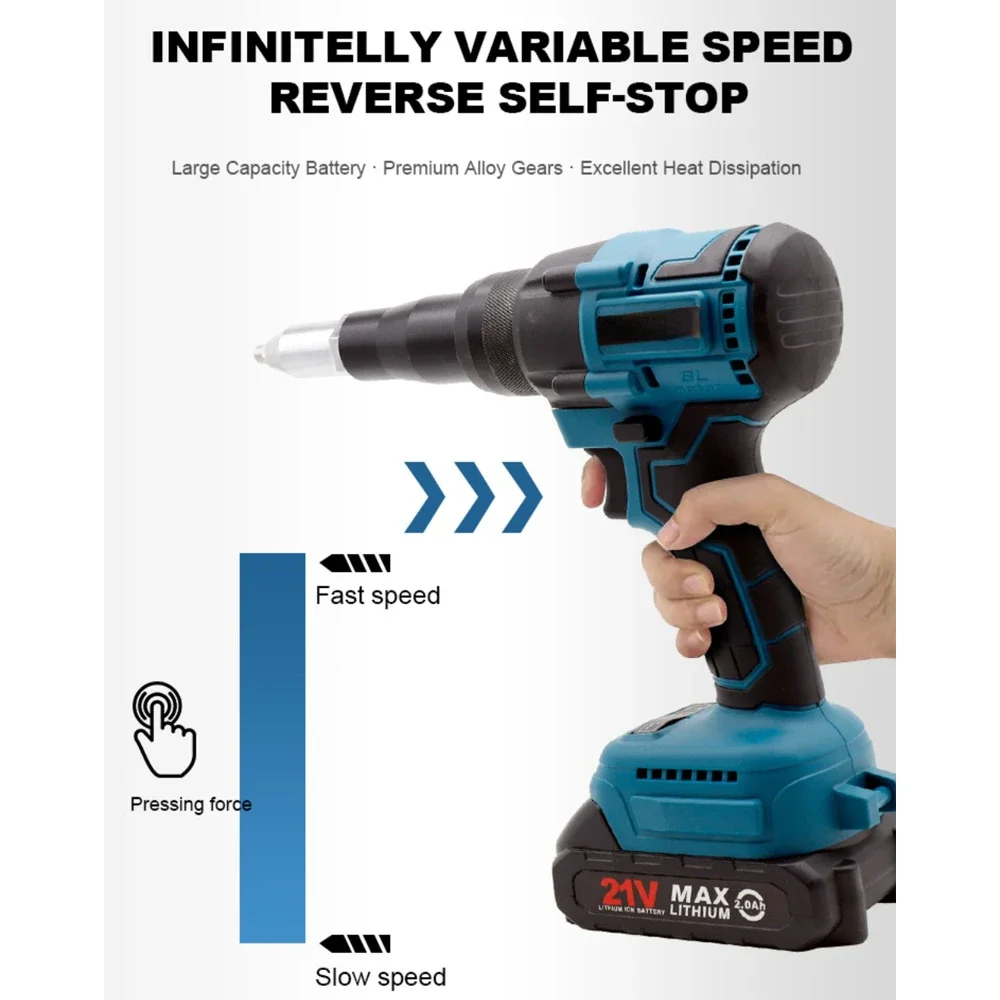 Imagem -05 - Brushless Electric Rivet Gun Cordless Rivet Nut Gun Inserção de Broca Ferramentas Elétricas para Makita Bateria 18v 20000n 720w 2.44.8 mm