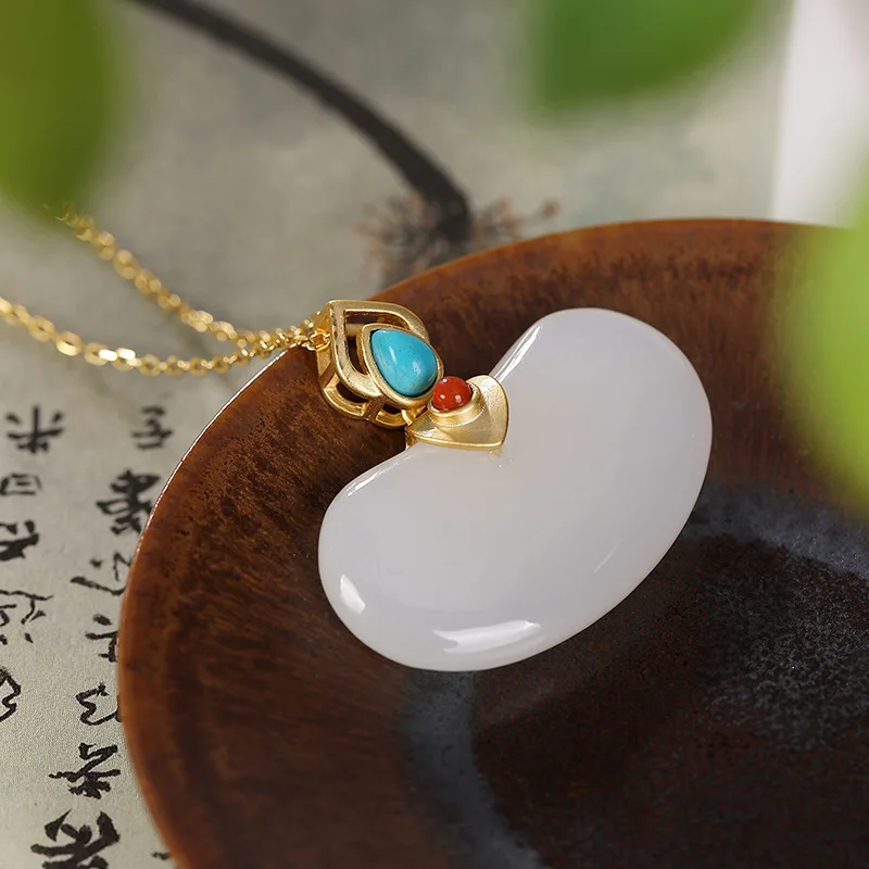 New silver inlaid natural Hetian  jade pendant necklace Chinese style retro unique gilding craft women's brand jewelry