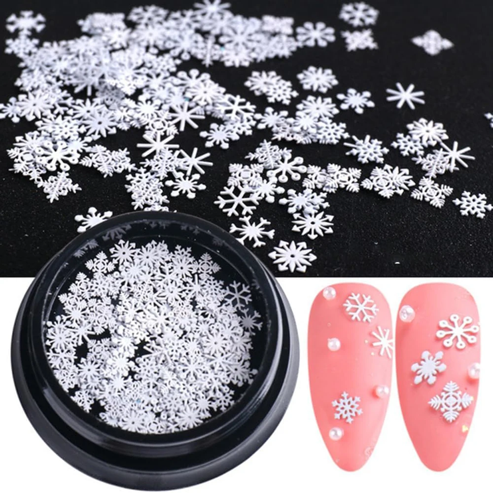 1 Jar Gold White Snowflake Christmas Nail Glitter Sequins 3D Snowflake Xmas Nail Winter DIY Decals Charms Nail Accessories Parts