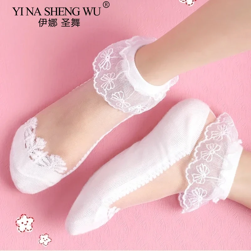 

Белые кружевные короткие носки для маленьких девочек, дышащие носки из ледяного шелка с кристаллами, детские хлопковые короткие носки