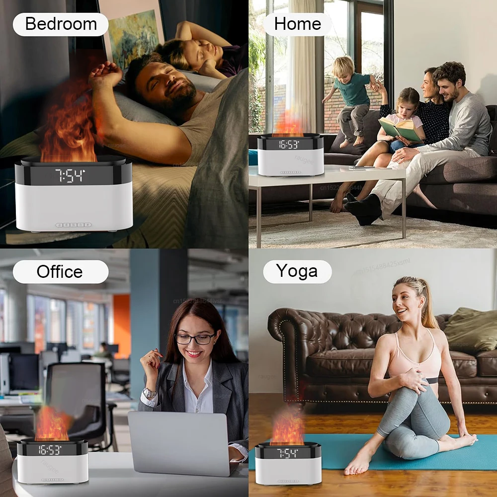 เครื่องกระจายความชื้นในอากาศกลิ่นไฟเพลิงพร้อมนาฬิกาปลุก รีโมทคอนโทรล ไฟกลางคืน เครื่องเพิ่มความชื้นในบ้าน
