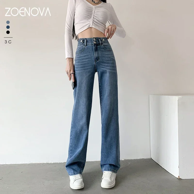 ZOENOVA Elastic Jeans Women Lengthened  Korean Fashion Denim Pants Vintage High Waist  Autumn Baggy Street Casual Jean 3 Color