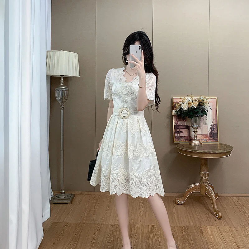 레이스 스플라이싱 디자인 여름 드레스 여성스러운 하이웨이스트 A라인 스커트 또는 티 브레이크 드레스 폴리에스터 섬유