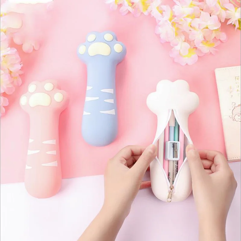 Large Capacity good-looking cat's paw pencil case cute waterproof silicone cat hand stationery case soft pencil box