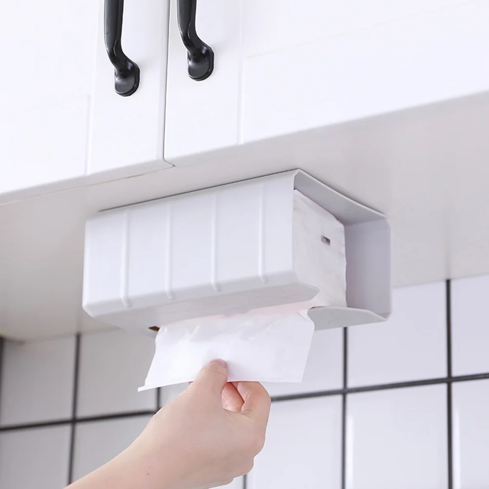 

Easy Use No Drilling Adhesive Tissue Box White Plastic Kitchen Holder Creative Storage Container Simple Stylish Decor