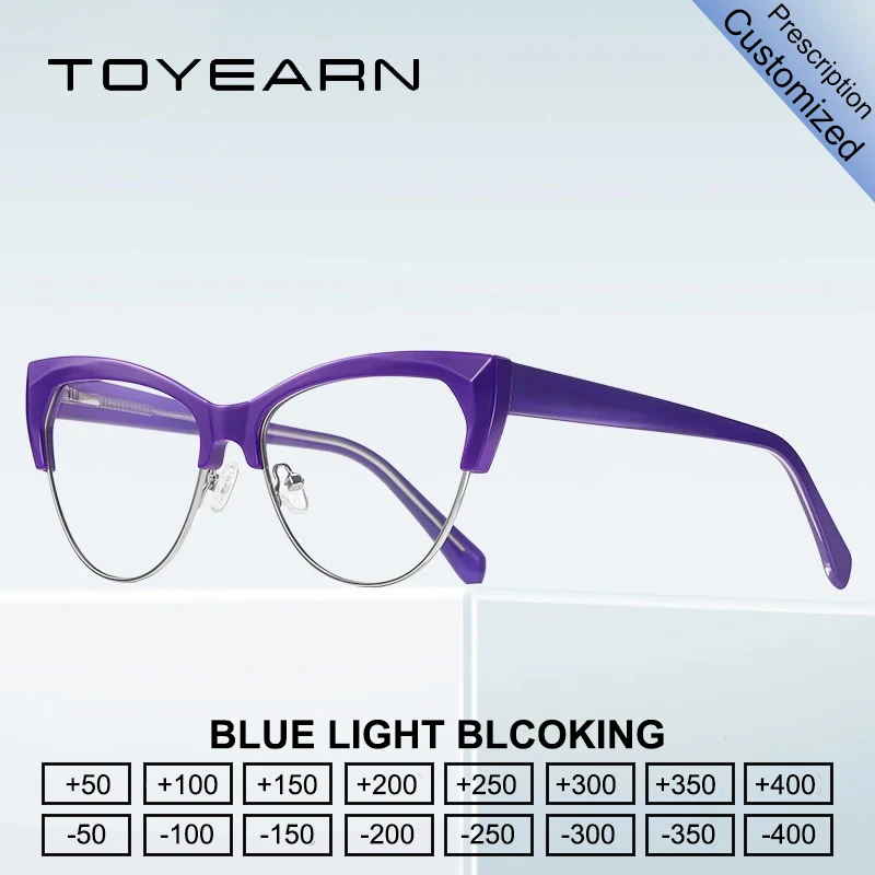 

Очки для чтения TOYEARN Lady Cat Eye Half Frame для женщин, блокирующие синий свет, от миопии и гиперметропии, с индивидуальной коррекцией по рецепту
