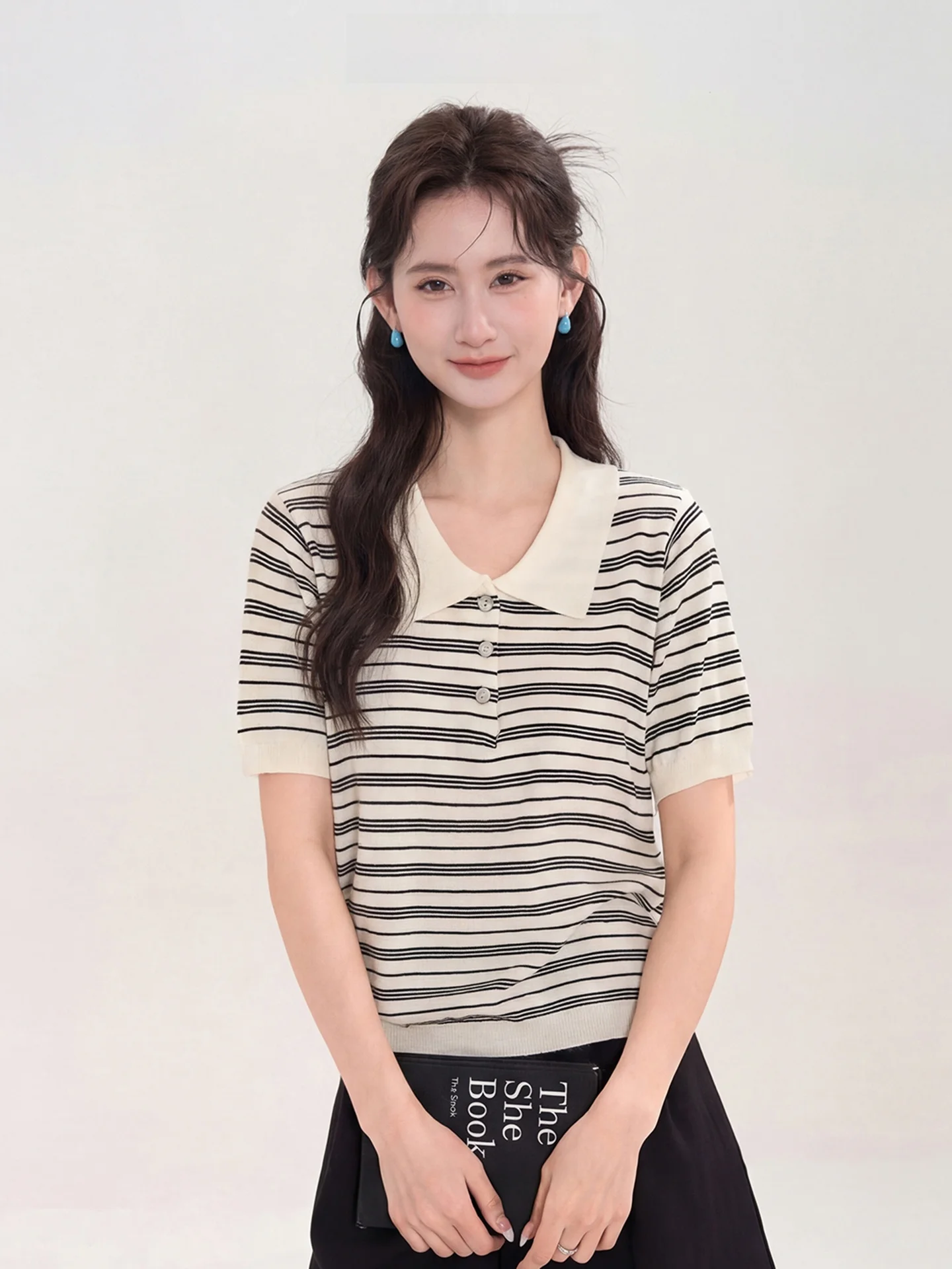 

Корейский стиль: женский летний дышащий топ с коротким рукавом и полосками на горловине, из мягкой смесовой ткани, повседневный крой