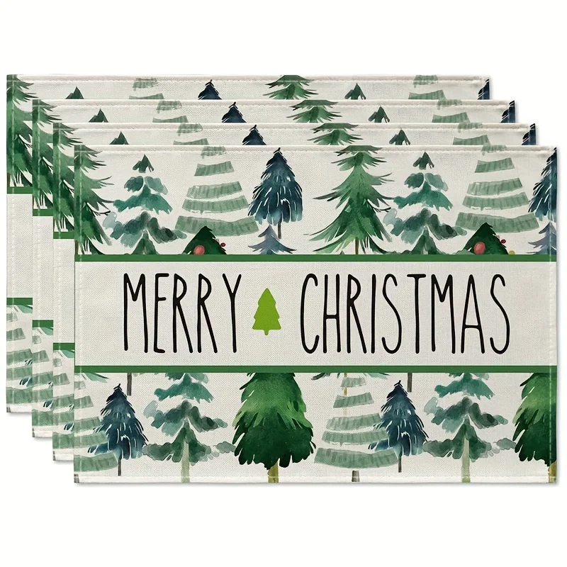 1pcs Watercolor Green Trees Merry Christmas Linen Blend Placemats Set - Seasonal Winter Holiday Table Mats