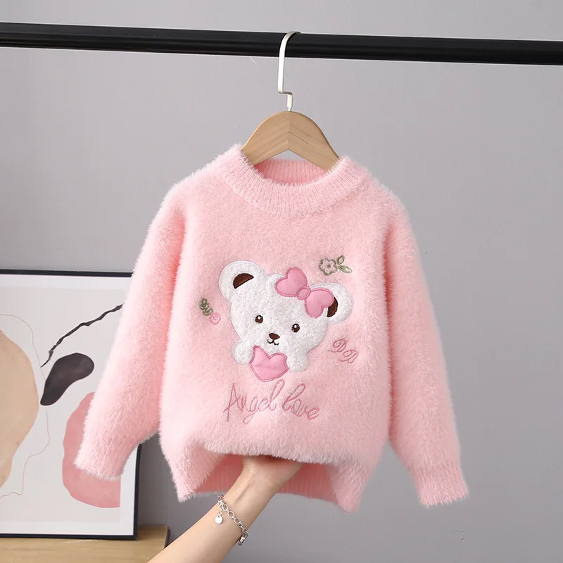 Autumn Winter Girls Sweater Keep Warm Little Girl Cotton Clothing Cartoon Bear Flocking Pullover Knitting Sweaters Kids GY07261