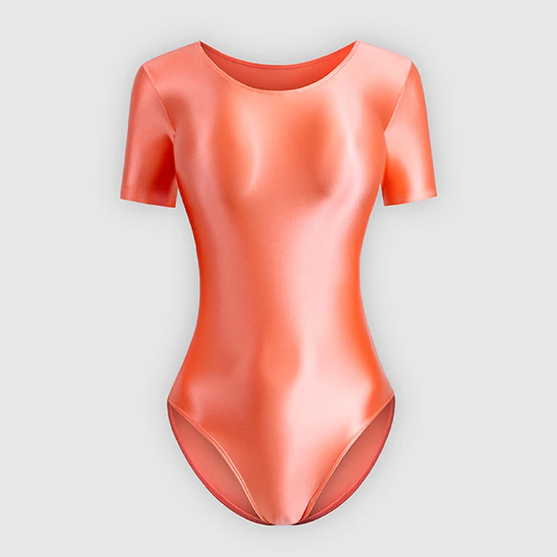 Women Short Sleeve Tight Glossy Dance High Cut Bodysuit Yoga Solid Shaped Practice Rhythmic Gymnastic Leotard Swimsuit Dancewear