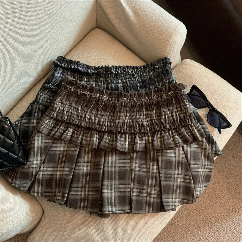 

2024 Women New Fashion Preppy Style Plaid Printed Ruffles Mini Skirt Hot Sweet High Waist Super Short Skirts Female