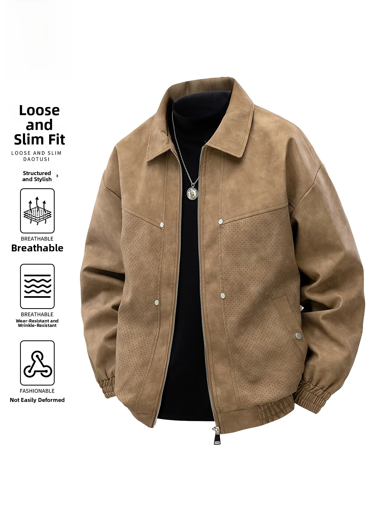 

Rn American Collar Leather Jaet Men's Casual Trendy Loose Fit Autumn Outerwear Zipper Closure No Inner kets