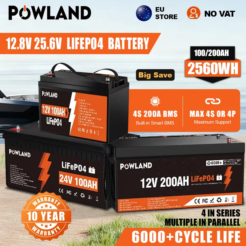 LiFePO4 12V 200AH 24V 100AH Battery Free Charger 12.8V Lithium Battery Built-In 200A BMS 6000+ Cycle For Boat Fast Ship From EU