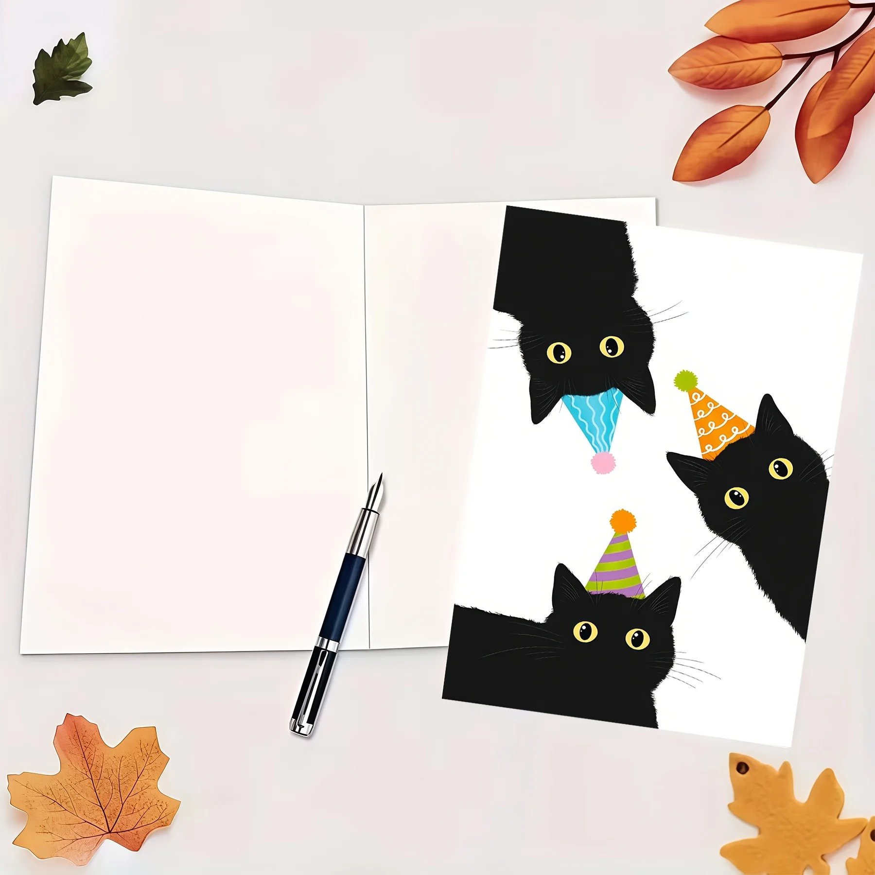 Cute Black Cat Happy Birthday Card, Cartoon Kitten Card with Party Hat, Fun Birthday Celebration Card with Envelope - view 2