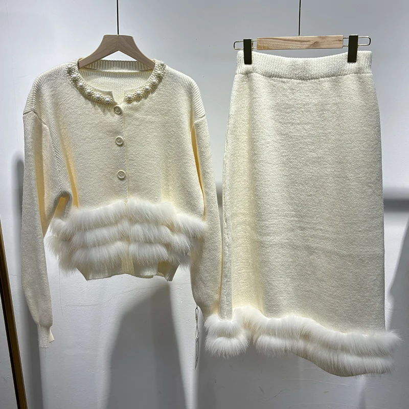 

2025 Women Winter Thick Knitting Long Skirt Two Pieces Natural Fox Fur Lady's Autumn Sweater Knitted Coat