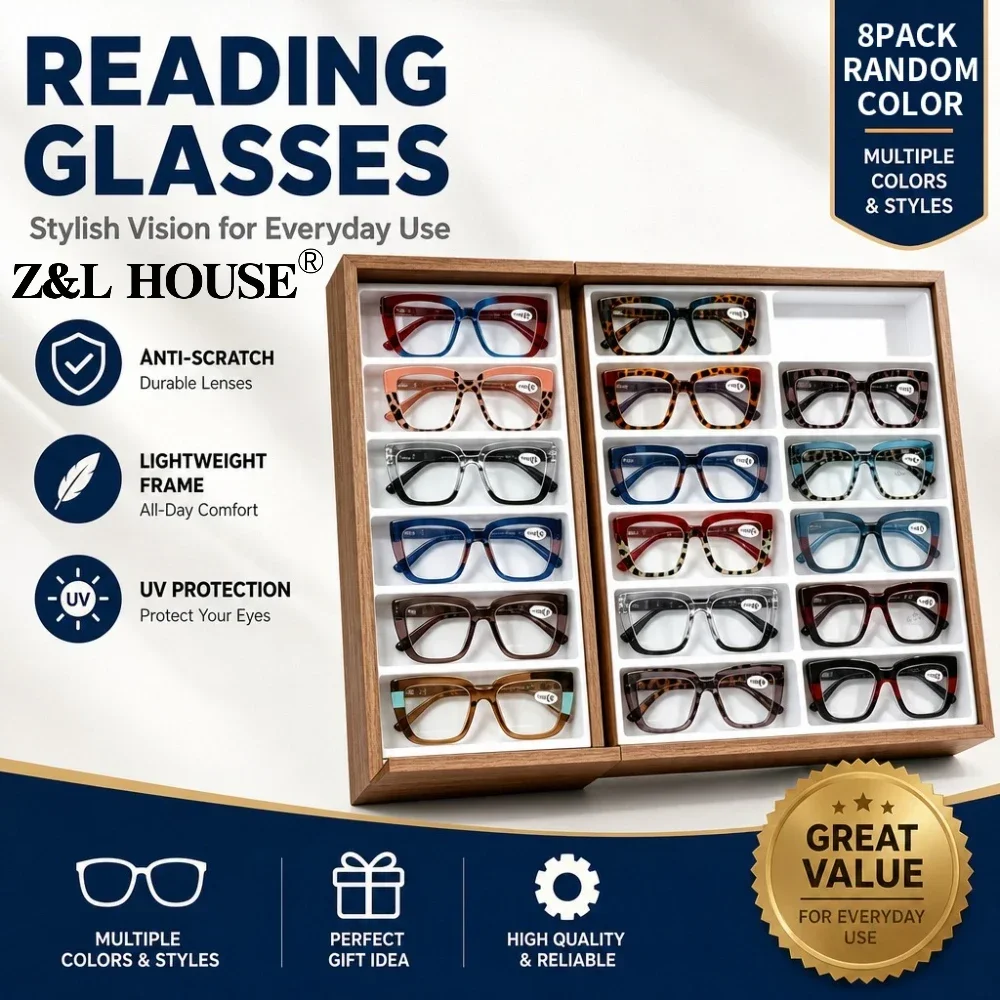 8 Pack Value Unisex Reading Glasses Random Mixed Colors Light Comfort Fashion Readers Eyeglasses Multi-Scenario Daily Use